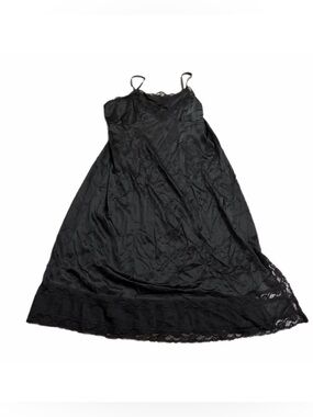 70s European Vintage Perlon Silky Lace Trim Midi Slip Dress (Black) Size Large